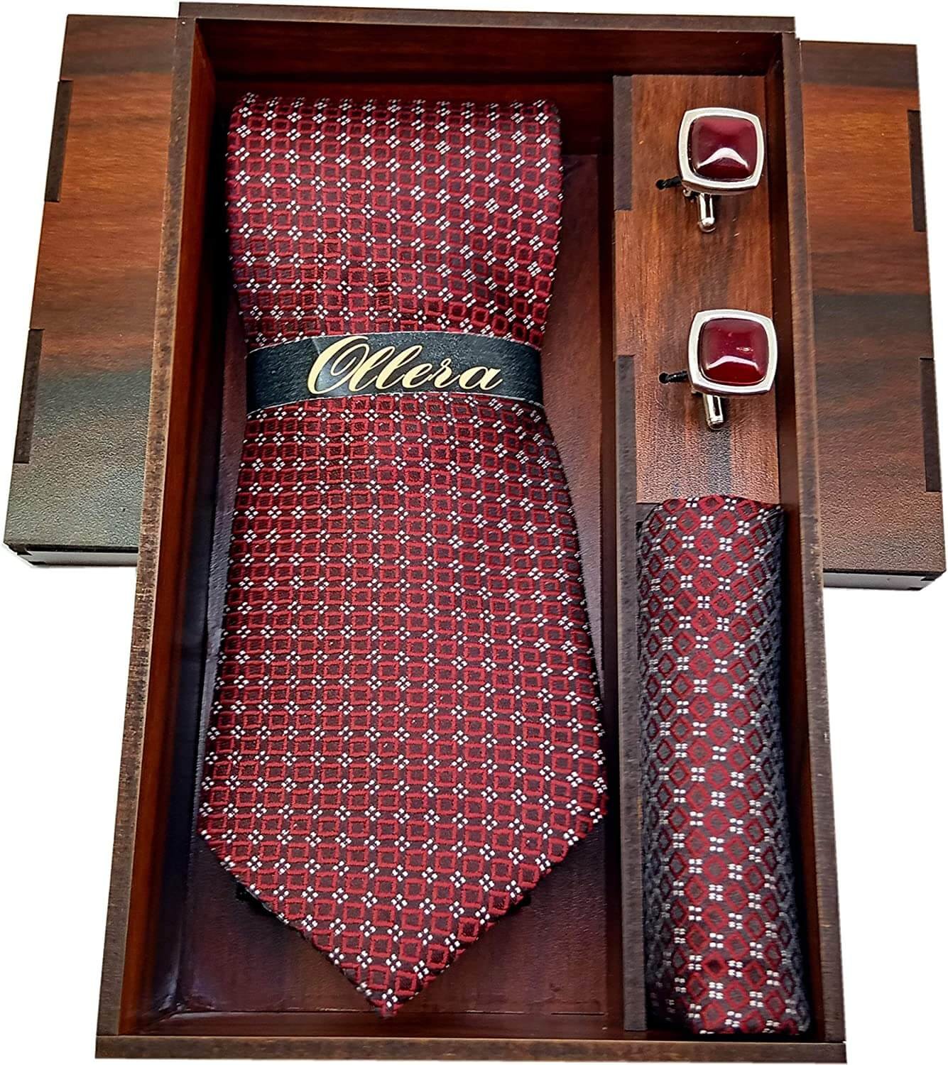 Ollera Men Premium Neck Tie and Pocket Square with Cufflink Combo Gift Set in Premium Wooden Box(Maroon, Free Size)